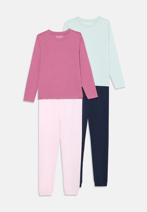 Two sets of long-sleeve tops and matching pants: one pink top with light pink pants, and one light blue top with navy pants. Soft cotton material.