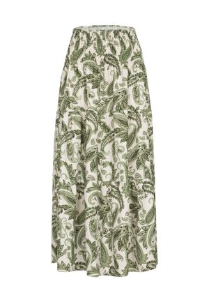 Jupe maxi imprimée de paisley vert avec une taille élastique et un tissu léger, présentant des motifs floraux complexes sur un fond clair.