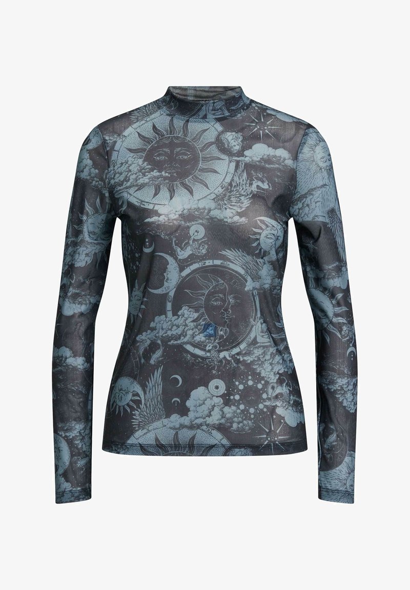 Long-sleeve top made of sheer fabric featuring a cosmic pattern with suns, moons, and clouds in shades of dark gray and light blue.