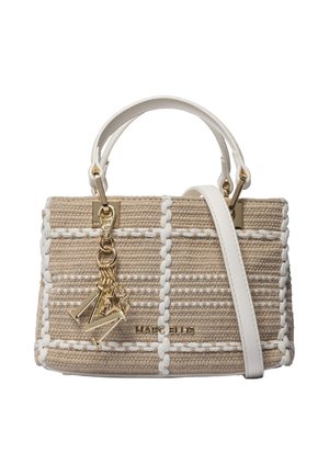 Borsa a mano beige intrecciata con manici e tracolla in pelle bianca, ciondoli dorati e logo "Marc Ellis" sulla parte frontale.