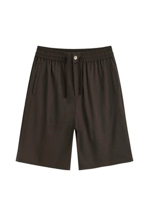 Shorts décontractés marron foncé avec taille élastique, cordon, fermeture par bouton et poches latérales sur fond blanc.