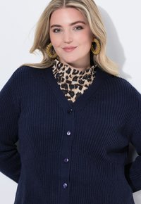 Marinblå ribbade kofta med V-ringning, knappstängning och texturerad stickning. Buren över en turtleneck i leopardmönster och matchad med stora gyllene örhängen.