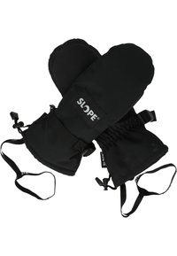 Svarta vantar med ett vattentåligt yttre, elastiska manschetter och justerbara remmar. Har en logotagg på ytan för varumärkesidentifiering.