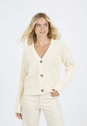 Crème gebreide cardigan met een V-hals, lange mouwen en vijf grote knopen aan de voorkant. Geribbelde textuur en een ontspannen pasvorm.