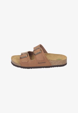 Brown leather slide sandal with two adjustable straps and silver buckles, featuring a cork footbed and rubber outsole.