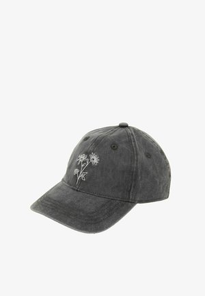 Dark gray baseball cap with white embroidered daisy flowers on front panel, six ventilation eyelets, and curved brim.