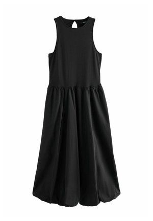 Robe midi noire sans manches avec taille froncée, encolure ronde et fermeture à bouton avec ouverture en trou de serrure dans le dos.