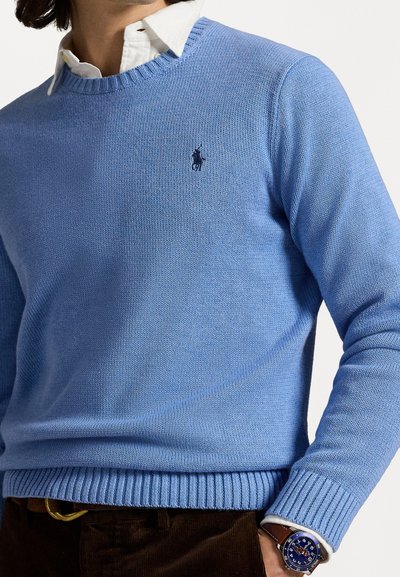 Pull en maille bleu clair avec un col rond et des poignets côtelés, arborant un petit emblème foncé sur la poitrine. Porté par-dessus une chemise à col blanc.
