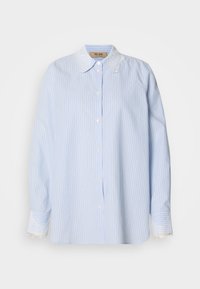 Μπλε και λευκή ριγέ μπλούζα με κολάρο και μανίκια με δαντέλα, διαθέτει κουμπιά μπροστά και μακριά μανίκια. Μαλακή, λείων υφή.