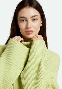Pulover cu textură în dungi, de culoare verde deschis, cu guler înalt și mâneci supradimensionate, având o textură moale și o croială lejeră, mâini ținând gulerul.