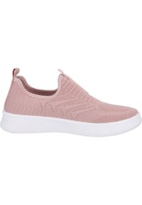 Scarpe slip-on rosa in maglia con tomaia testurizzata, suola in gomma bianca e linguetta sul tallone. Presentano un design traspirante con un motivo.