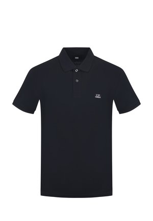 Polo nera a maniche corte con due bottoni e piccolo logo bianco "C.P. Company" sul petto sinistro.