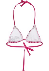 Roza trikotna bikinka z nastavljivimi zavezami, izdelana iz gladkega materiala. Ima nabrite robove in belo podlogo.
