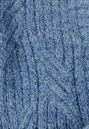 Tessuto in maglia di un blu chiaro con un motivo a zigzag, realizzato in filato morbido con una consistenza leggermente pelosa.