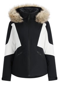 Giacca isolante bianca e nera con cappuccio foderato in pelliccia sintetica, tasche con zip e vestibilità strutturata. Tessuto morbido con color blocking geometrico.