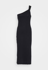 Vestido preto de um ombro só com alça atada, feito de um tecido liso e elástico; silhueta ajustada, até ao joelho, design simples.