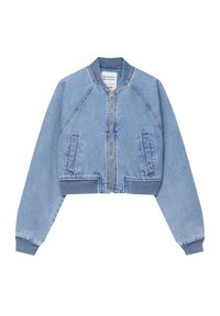 Lichtblauwe denim bomberjack met een ritssluiting, raglanmouwen en ribgebreide boorden en zoom. Bevat twee zijzakken.