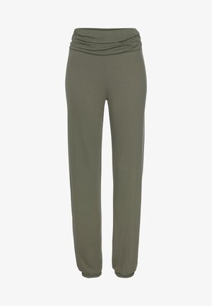 Olivgrüne Jersey-Hosen mit einem gerafften Bund und elastischen Bündchen, ausgestattet mit einer glatten Textur und einem lässigen Schnitt.