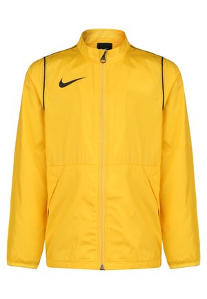 Nike gele windbreakerjack met een hoge kraag, zwarte accenten, ritssluiting aan de voorkant, twee zijzakken en elastische manchetten. Glad, lichtgewicht materiaal.