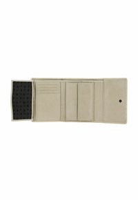 Portefeuille beige clair en cuir texturé, avec plusieurs compartiments pour cartes, un compartiment pour les billets, et une doublure intérieure à motif.