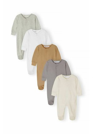 Päť detských body s dlhým rukávom v odtieňoch sivej, bielej, horčicovej, taupe a krémovej farby, usporiadaných v striedavej vertikálnej línii.