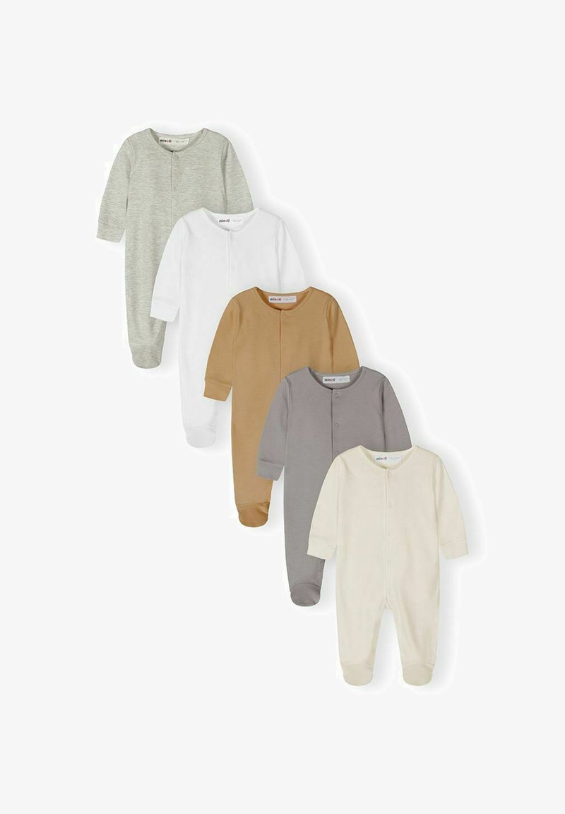 Cinq bodies bébé à manches longues en gris, blanc, moutarde, taupe et crème, disposés en ligne verticale décalée.