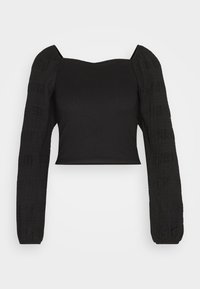 Fekete crop top, testhez simuló fazonnal, négyzet alakú dekoltázzsal, hosszú puffos ujjal, texturált mintákkal és rugalmas mandzsettával. Könnyű anyagból készült.