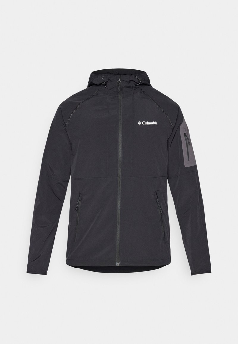 Czarna kurtka Columbia z kapturem, z przodem zapinanym na zamek, dwoma bocznymi kieszeniami i kieszenią na ramieniu zapinaną na zamek. Wykonana z lekkiego, miękkiego materiału.