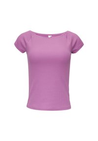 Korte mouwen, ronde hals t-shirt in effen paars, met een ribbeltextuur en een getailleerde uitstraling.