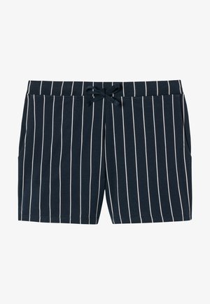 Mørkeblå shorts med hvide lodrette striber, lavet af blødt stof. Har en elastisk talje og snørre. Indeholder sidelommer.