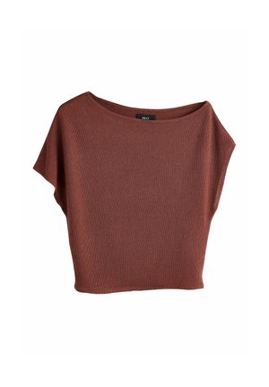 Bluză scurtă cu mâneci scurte, tricotată, de culoare maro-ruginie, cu guler larg de tip barcă și croială lejeră, afișată pe un fundal alb.