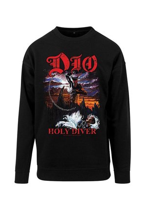 Sudadera negra con un gráfico colorido de un buceador y elementos mitológicos, con "DIO" y "HOLY DIVER" en texto rojo en negrita.