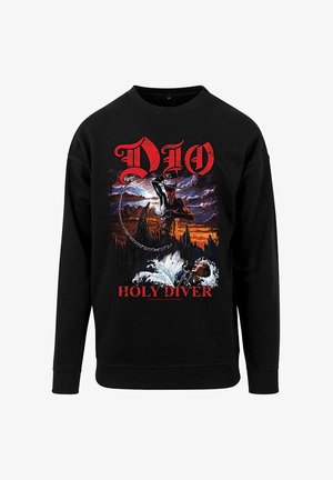 Felpa nera con un grafico colorato di un subacqueo e elementi mitologici, con "DIO" e "HOLY DIVER" in grassetto rosso.