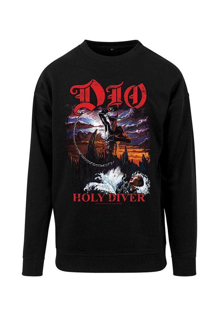 Svart hettegenser med et fargerikt grafisk trykk av en dykker og mytiske elementer, med "DIO" og "HOLY DIVER" i fet rød tekst.