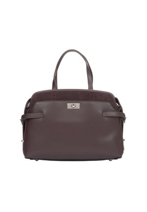 Bruine leren handtas met een gladde textuur, dubbele handvatten aan de bovenkant, een gestructureerde vorm en een zilveren hardware accent aan de voorkant. Ritszijden.