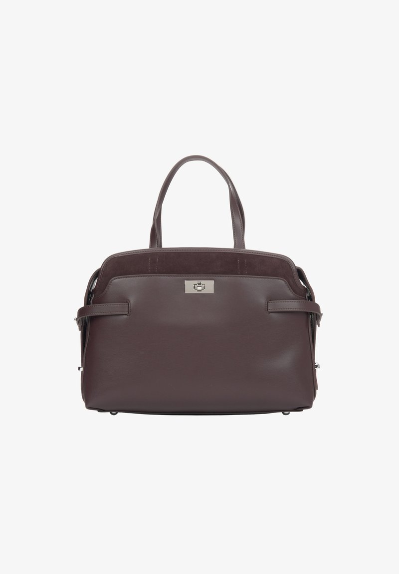 Bruine leren handtas met een gladde textuur, dubbele handvatten aan de bovenkant, een gestructureerde vorm en een zilveren hardware accent aan de voorkant. Ritszijden.