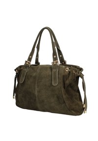 Groene suède handtas met twee handvatten, gouden hardware-accenten en geplooide zijkanten voor een aanpasbare vorm en ontwerp.