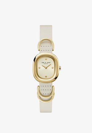 Auksinės spalvos metalinis laikrodis su apvaliai kvadratu veidu, kreminiu ciferblatu ir šešiais taškų žymekliais. Turi šviesią odinę apyrankę su dekoratyviniais elementais.