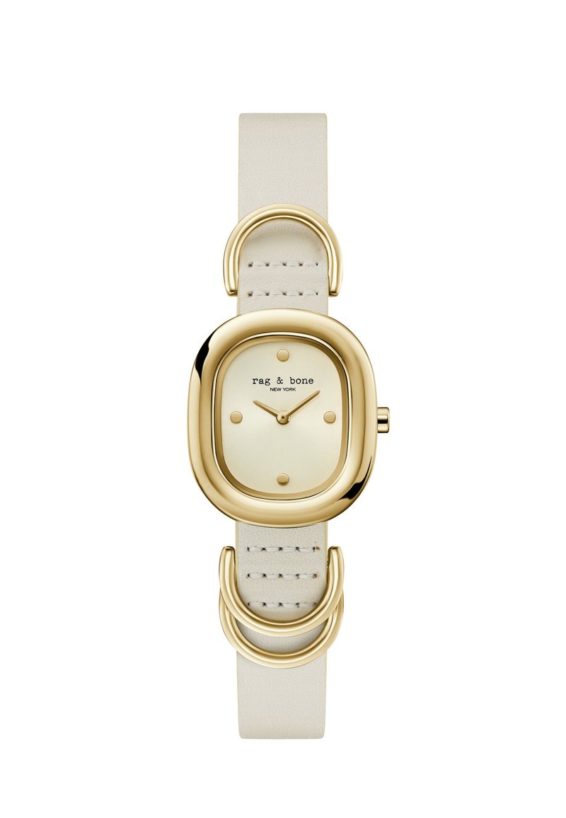 Goldfarbene Metalluhr mit quadratischem Ziffernblatt, cremefarbener Ziffernblatt und sechs Punktmarkierungen. Verfügt über ein helles Lederarmband mit dekorativen Hardware-Akzenten.