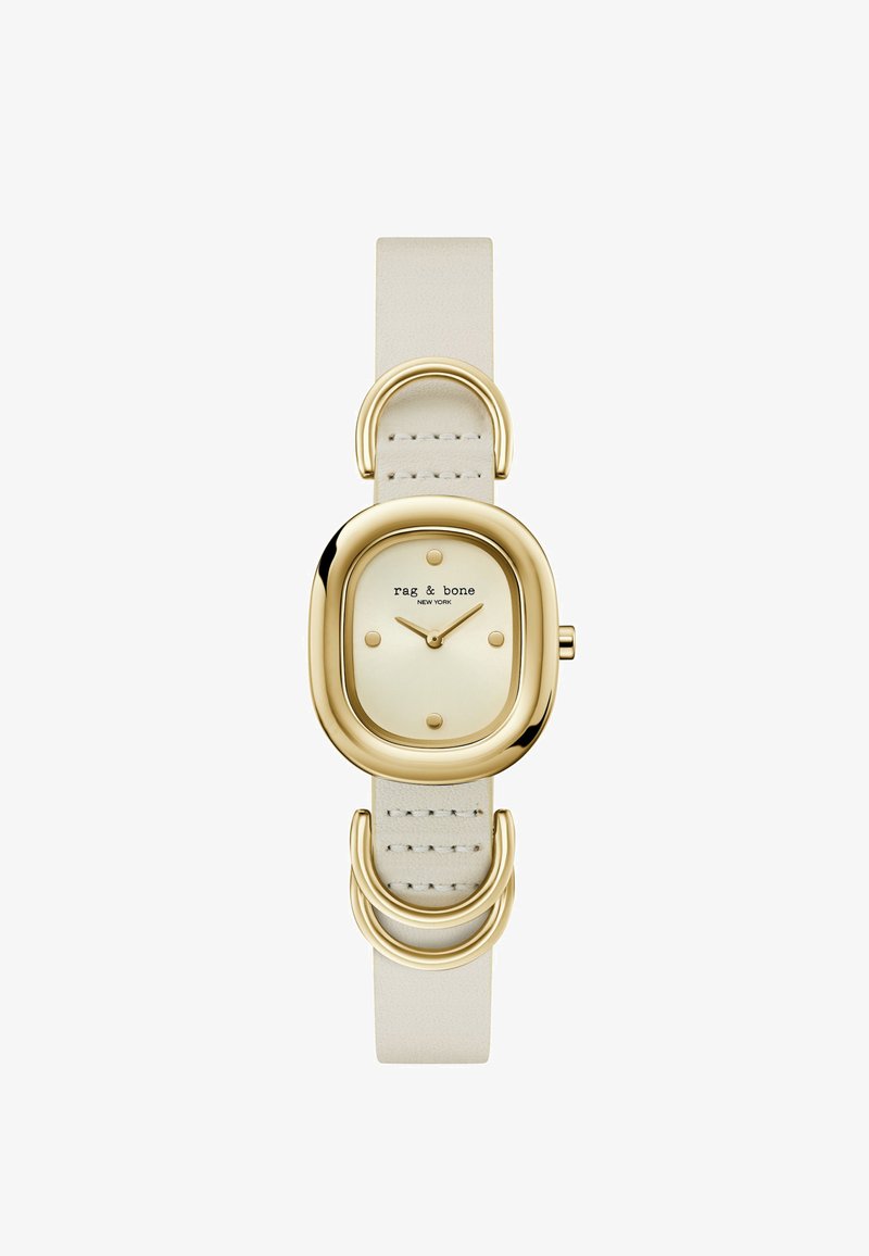 Goldfarbene Metalluhr mit quadratischem Ziffernblatt, cremefarbener Ziffernblatt und sechs Punktmarkierungen. Verfügt über ein helles Lederarmband mit dekorativen Hardware-Akzenten.