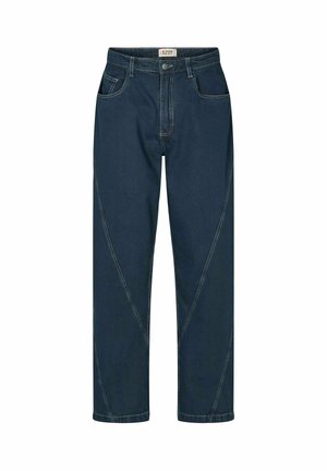 Tumši zili džinsa džinsi ar slīpām šuvju detaļām, priekšējām kabatām, jostas cilpām un ar pogu un rāvējslēdzēju aizdari.