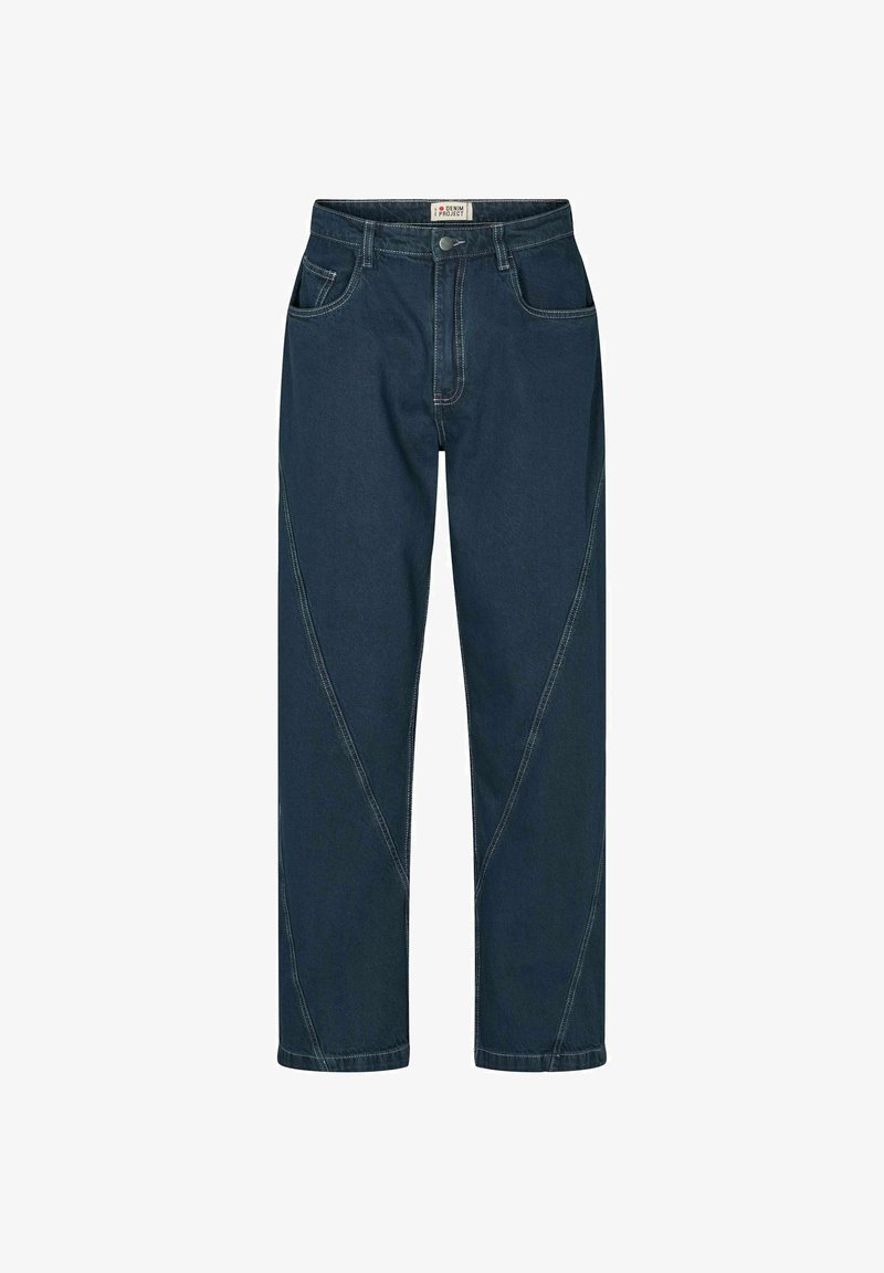 Dark blue denim jeans with angled seam details, front pockets, belt loops, and a button and zipper closure.