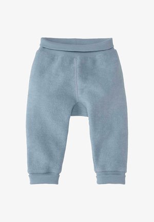 Lichtblauwe fleece broek met een zachte textuur, elastische tailleband en geribde boorden. Heeft een casual ontwerp voor comfort en flexibiliteit.
