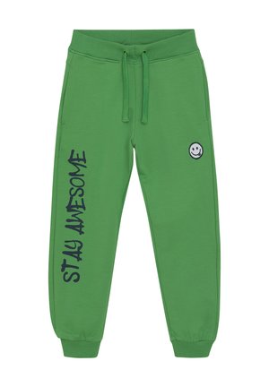 Gröna sweatpants med elastisk midja och dragsko. Har "STAY AWESOME" tryckt i marinblått och ett smileyface-emblem. Fästa muddar.