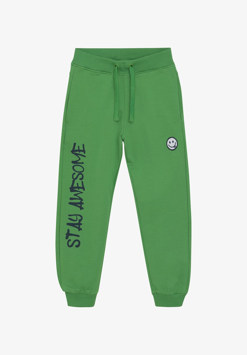 Groene sweatpants met elastische tailleband en trekkoord. Voorzien van de tekst "STAY AWESOME" in marineblauw en een smiley-embleem. Aansluitende boorden.