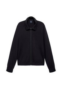 Black zip-up jacket with a ribbed collar and elastic cuffs. Made of soft fabric, featuring a straight design and minimal detailing.