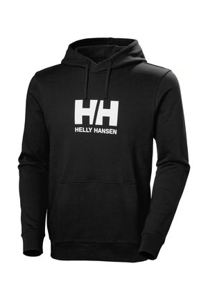 Zwarte Helly Hansen hoodie met voorvak en kangoeroezak, verstelbare capuchon met trekkoord en wit "HH Helly Hansen" logo op de borst.