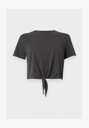 Σκούρο γκρι κοντομάνικη cropped μπλούζα με στρογγυλή λαιμόκοψη και κόμπο μπροστά στο τελείωμα.