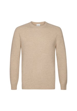 Beige geribbelde gebreide trui met lange mouwen, ronde halslijn en een zachte textuur, met een aansluitende uitstraling en zonder zichtbare patronen of hardware.