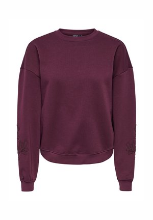 Sweat-shirt à manches longues col rond couleur prune foncée avec une broderie florale discrète sur le bas des manches et des poignets et un ourlet côtelé.